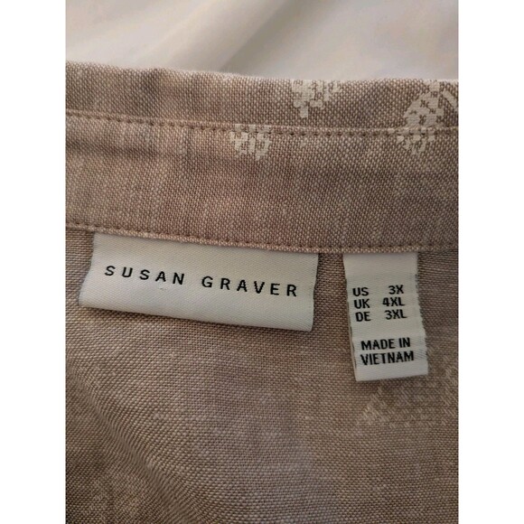 Susan Graver Shirt Women's 3X Beige White Floral Linen Blend Top Blouse Coastal - Picture 3 of 11